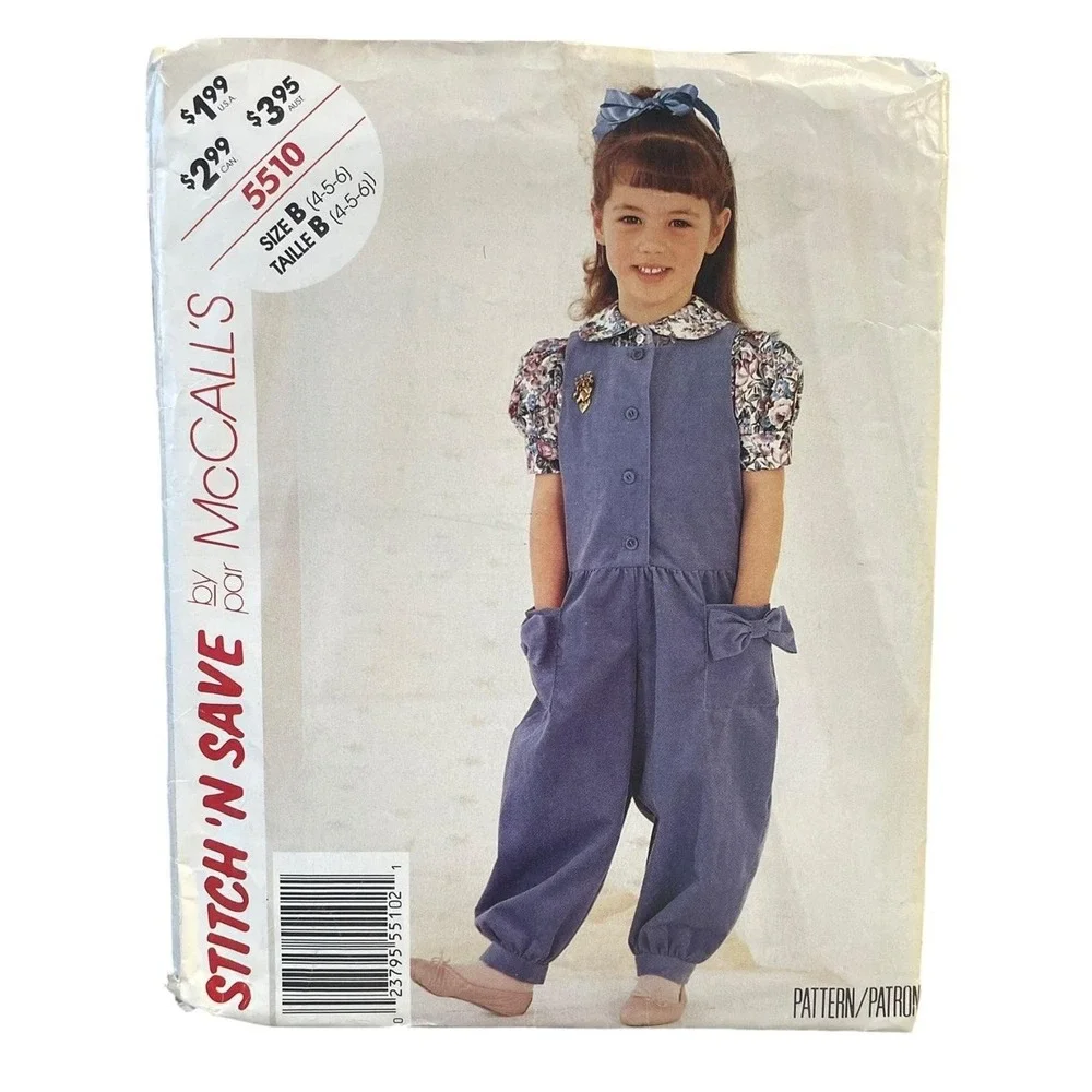 McCall's 5510 Child's Jumpsuit Blouse‎ Girls' Size 4 5 6 Vintage 90s